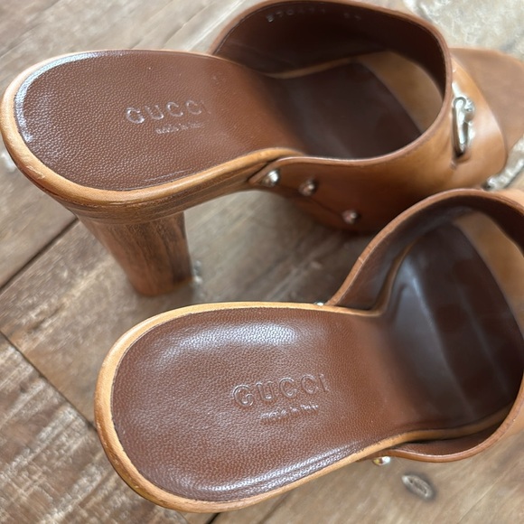 Gucci VINTAGE Brown Leather Marina Horsrbit Platform Mules - Picture 4 of 12